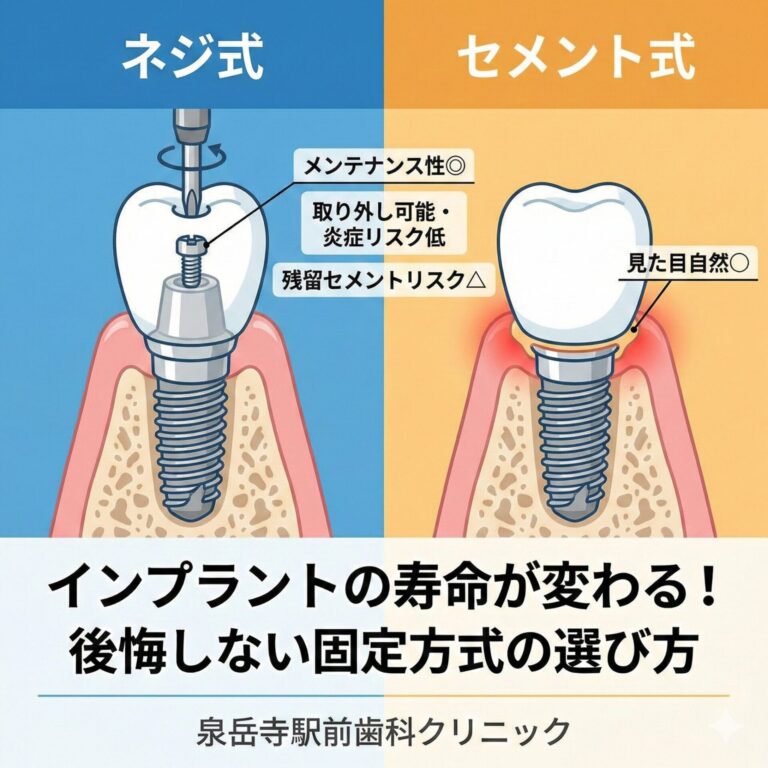 【インプラントの寿命が変わる】ネジ式 vs セメント式を徹底比較！後悔しない固定方式の選び方