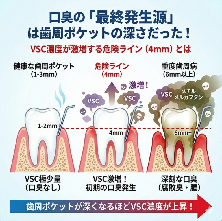 【歯科医が解説】口臭の「最終発生源」は歯周ポケットの深さだった！VSC濃度が激増する危険ライン（4mm）とは