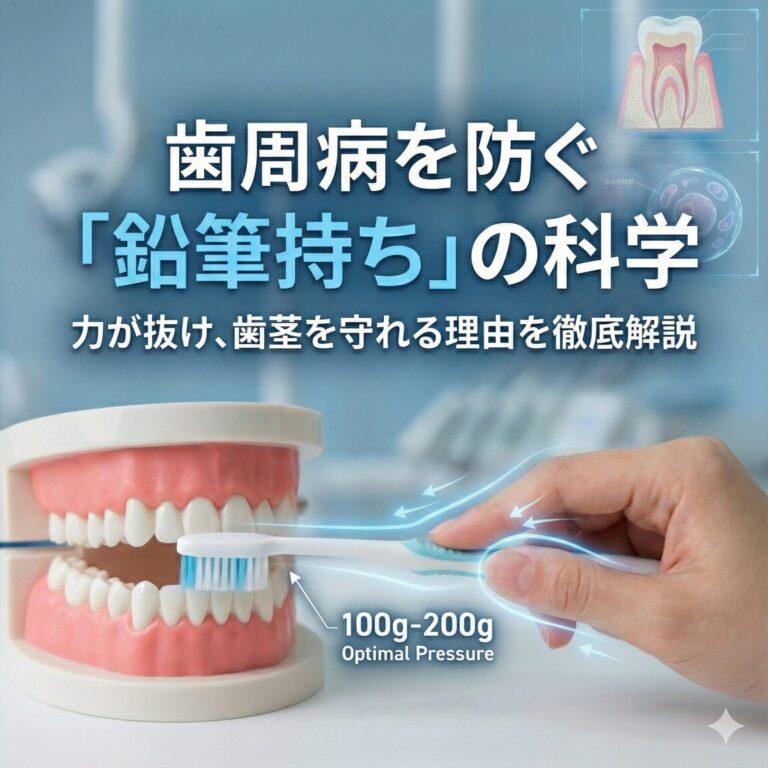 【歯科医推奨の磨き方】歯周病を防ぐ「鉛筆持ち（ペングリップ）」の科学。なぜ100gの圧が重要なのか？