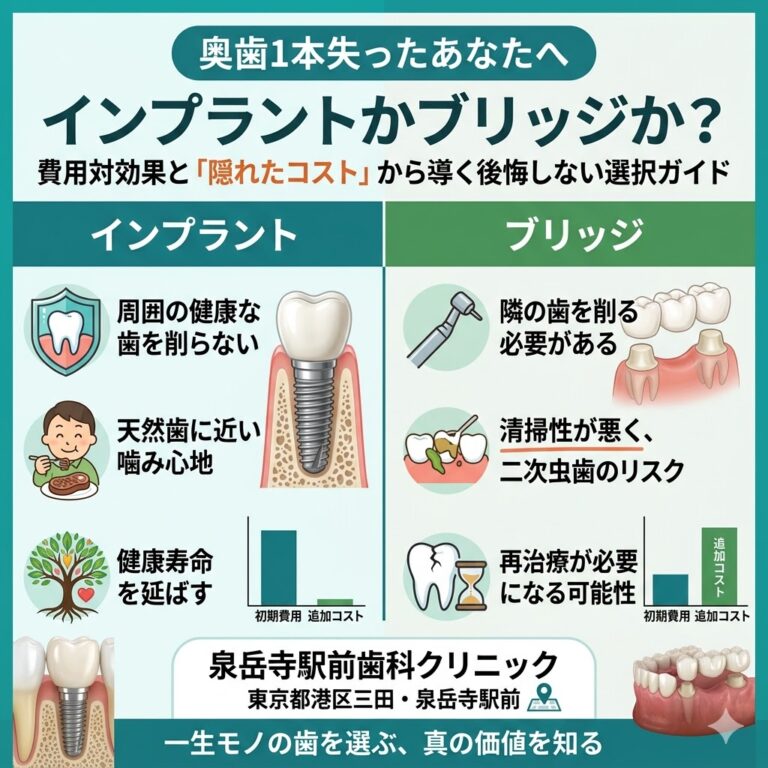 【奥歯1本失ったあなたへ】インプラントかブリッジか？費用対効果と「隠れたコスト」から導く後悔しない選択ガイド