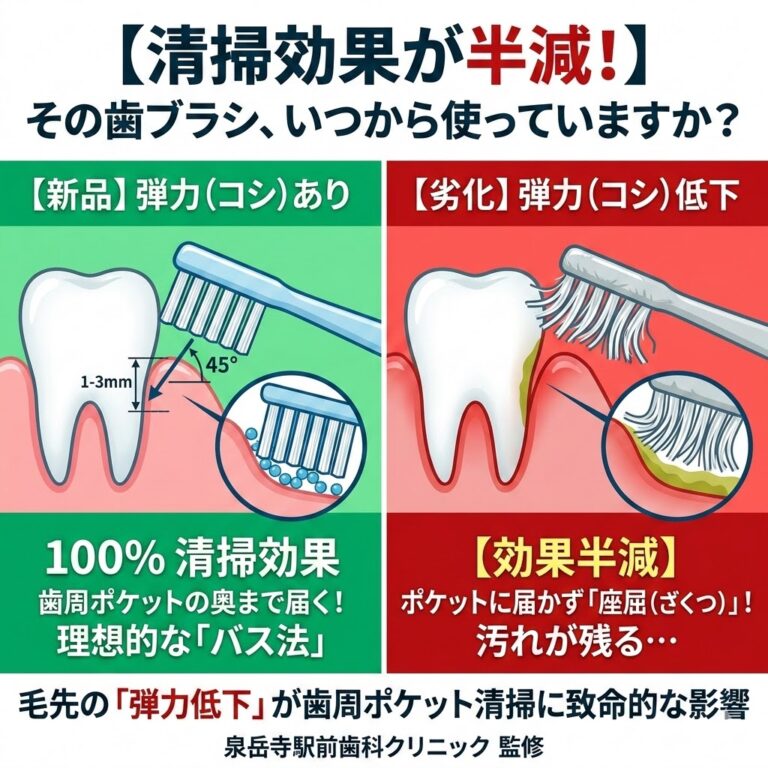 【清掃効果が半減！】その歯ブラシ、いつから使っていますか？毛先の「弾力低下」が歯周ポケット清掃に与える致命的な影響