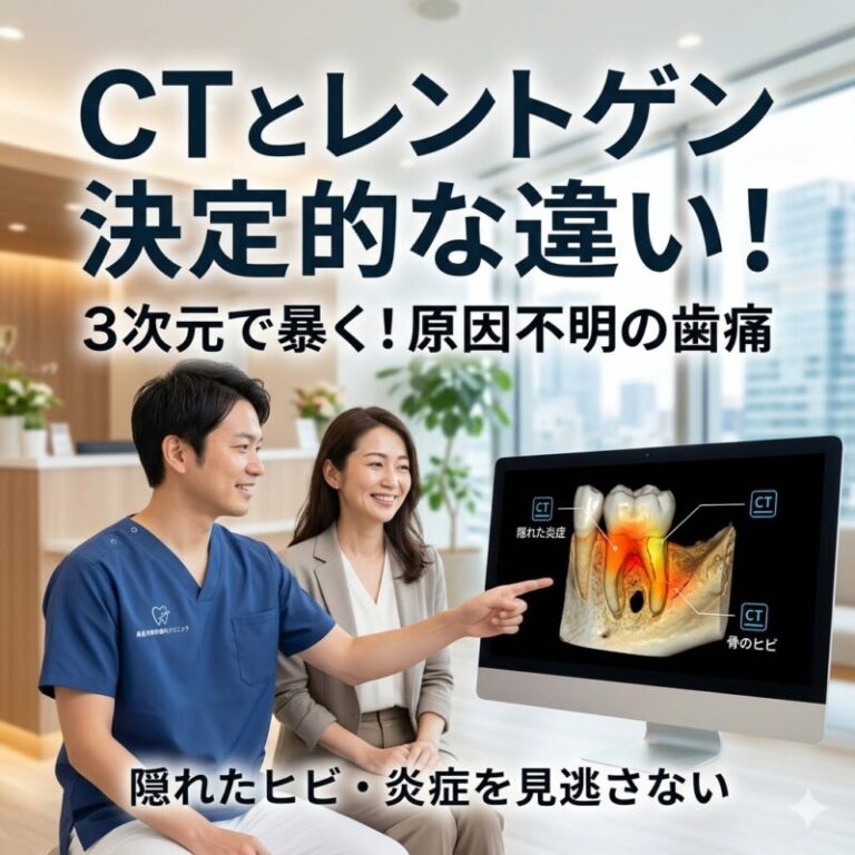 CTとレントゲン決定的な違い！レントゲンでは見えない歯の痛みの原因（骨のヒビ、炎症）を3次元で暴く